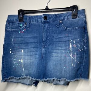 Trendy Blue Denim Shorts with Paint Splatter